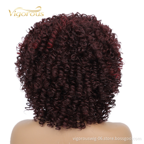 Glueless Short Manufacturers Wholesale With Bang Hot Selling Wine Red Bob Cut Heat Resistant Kinky Synthetic Wigs Curly